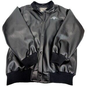 Vintage Oarsman 913 Mens L Black Faux Leather Bomber Jacket Air Force Embroider